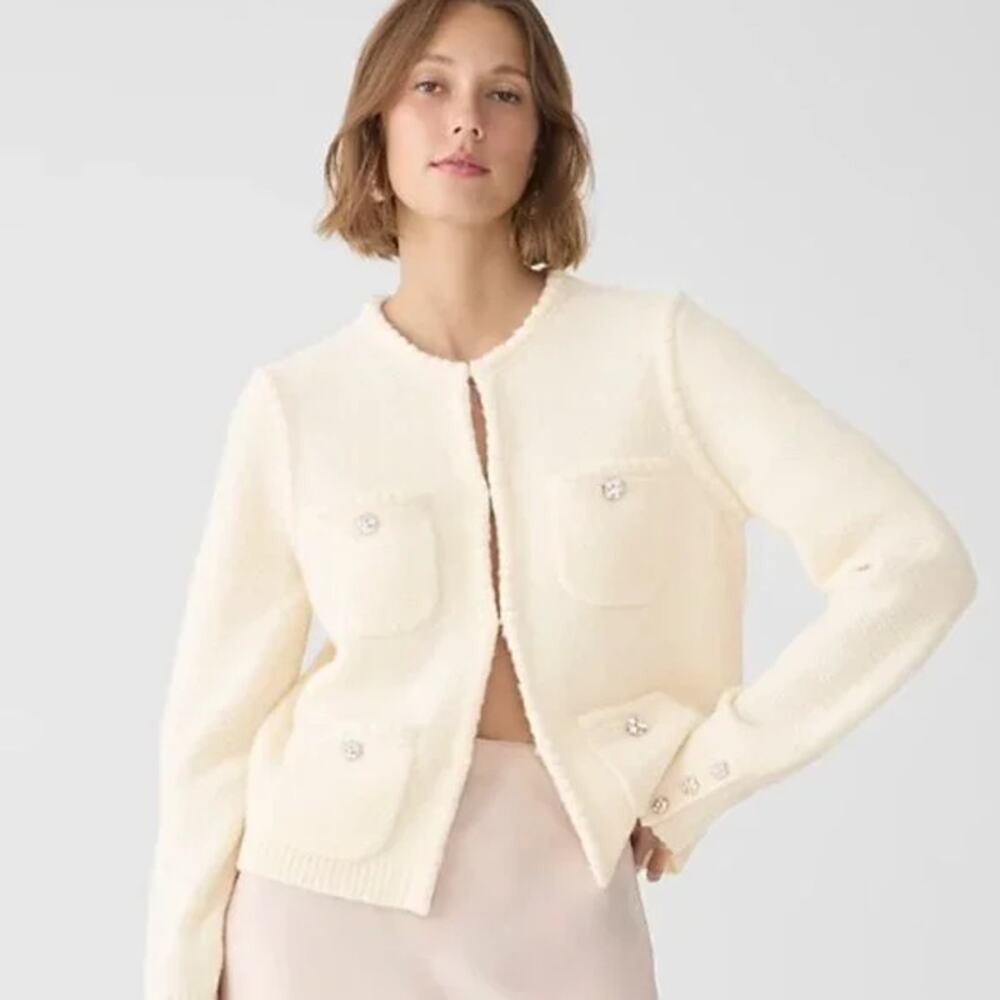 J. Crew Odette Sweater Lady Jacket with Jewel Buttons Crochet Trim Beige Size S